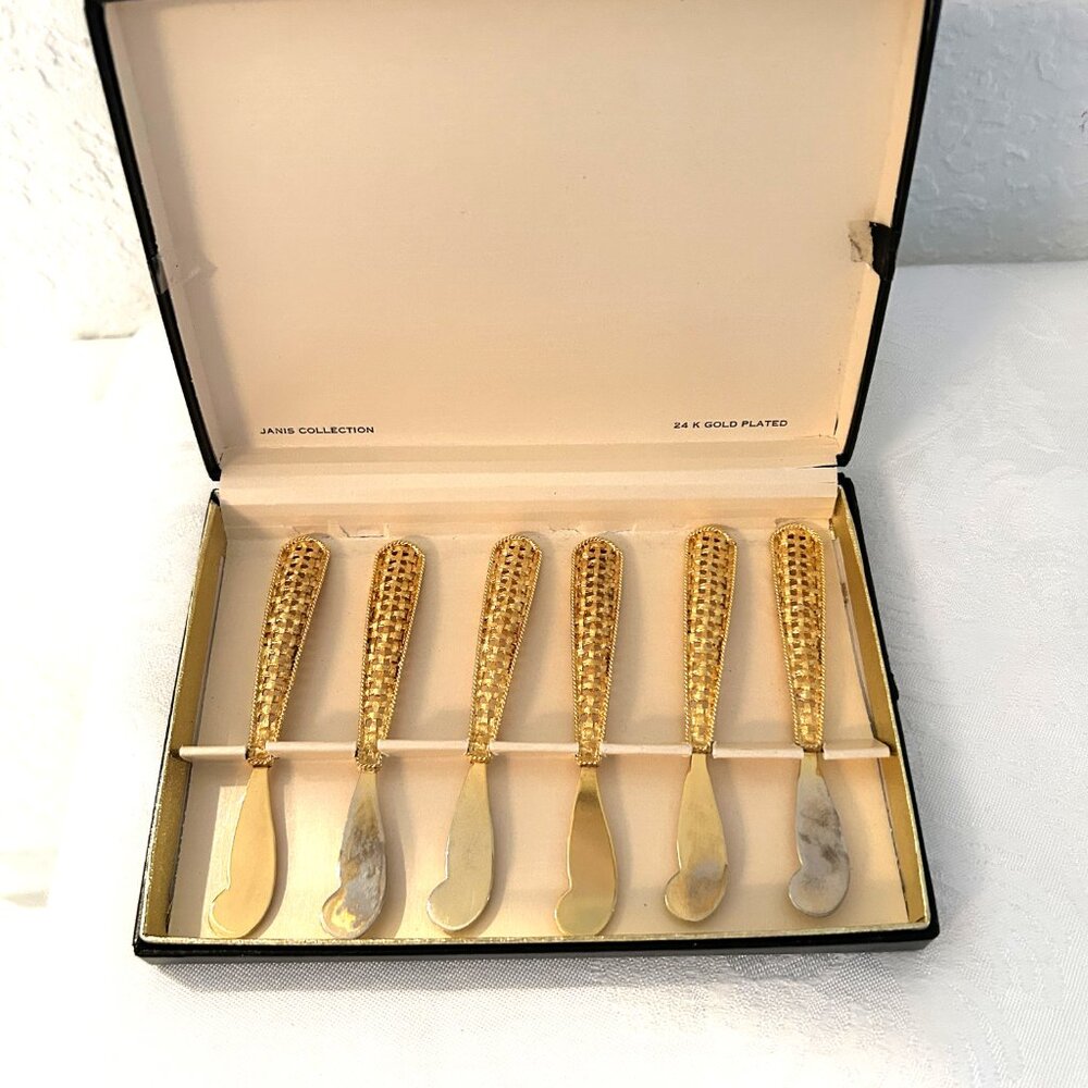 Mid-Century 24k Gold Plated Basket Weave Spreaders, S/6